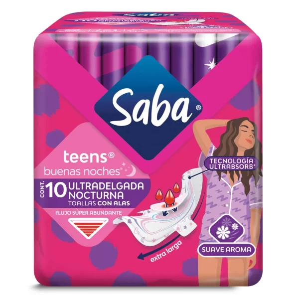Toallas Femeninas con Alas Saba Teens Nocturna con 10 Piezas